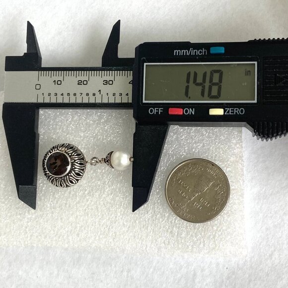 Sterling Silver 925 1.5" Signed Round Smoky Quartz & Pearl Dangle Drop Earrings - Picture 15 of 16